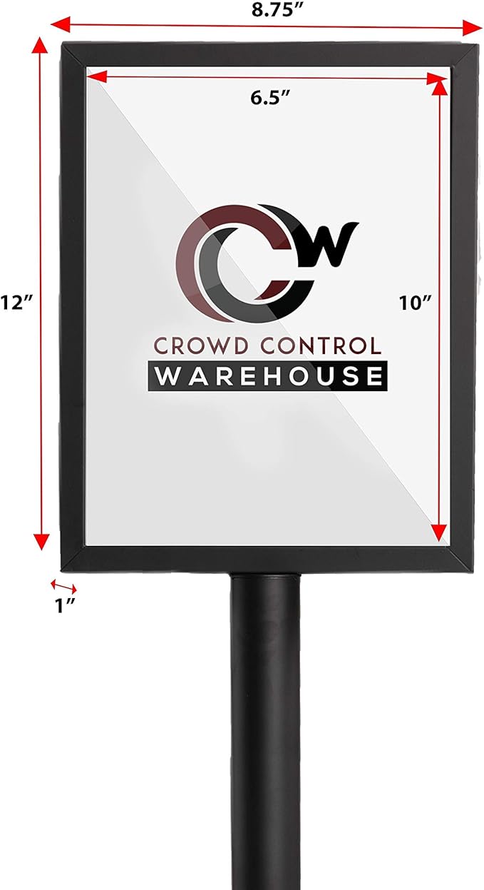Crowd Control Warehouse Pedestal Standing Floor Sign Frame with Sloped Base, 8.5x11 Inch Vertical, Black Powder Coated Steel