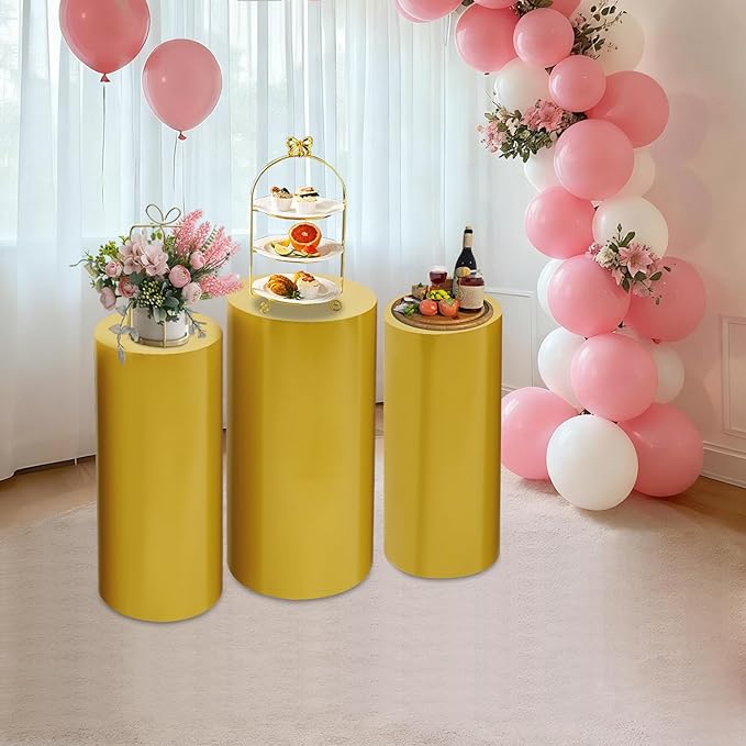 OUKANING 3 PCS Metal Display Pedestal Stands, Cylinder Gold Display Stands Pillars, Decoration Cube Sculpture Display Column for Wedding Party Baby Shower Birthday, H27.56'', 26'', 23.62''