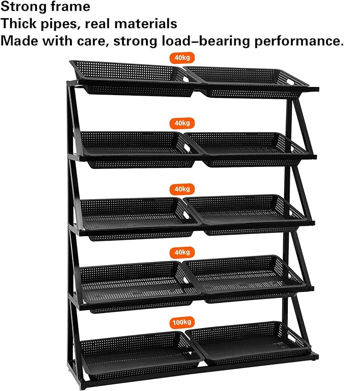 5 Tiers Retail Display Rack, Large Capacity Market Shelf Fruit and Vegetable Basket Stand Rack Set for Kitchen, Office, Store, Supremarket Utility Storage Shelves