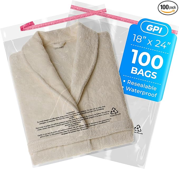 100 Count - 18" x 24" Extra-Large Self Seal Poly Bags with Suffocation Warning, 1.5 Mil, Clear Polybags with Resealable Adhesive Strip for Shipping & Packaging Clothing, T Shirts & Sweaters. GPI