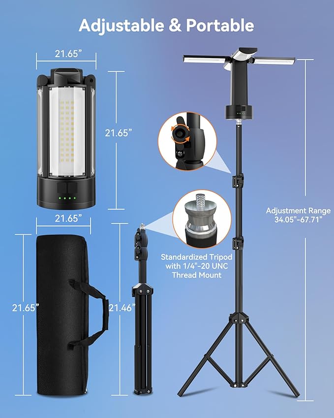 CORESLUX 10400mAh Rechargeable Camping Lights with Stand, 6000K Portable Work Light with 4 LED Lamp Heads, Magnetic Work Light Camping Essentials for Outdoor Work, Garage, Camping, Fishing
