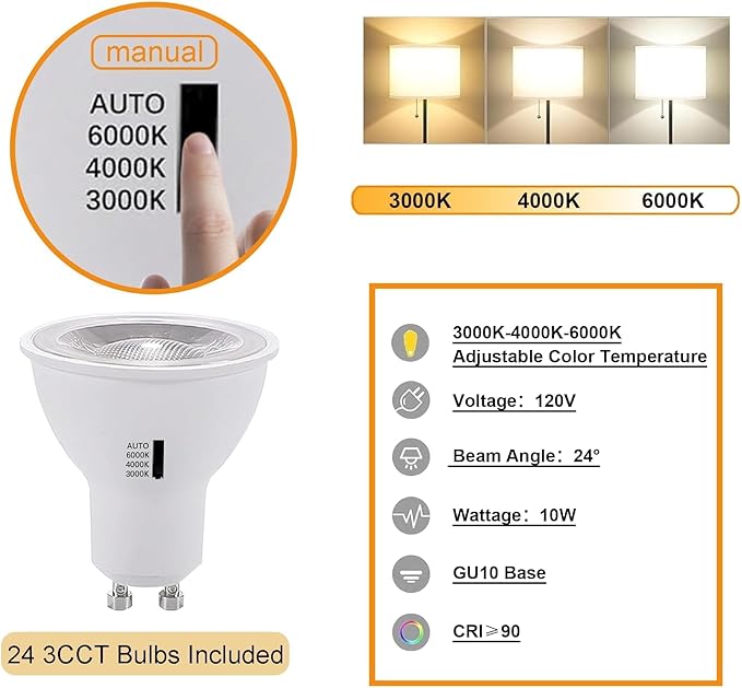 Dimmable 24-Pack GU10 White Track Lighting Kit with Dedicated Dimmer, All-in-One Plug in 3CCT Ceiling Spotlights with 26.2FT Track Rails, Accent Lighting for Home, Store, Moblie Cart and Office
