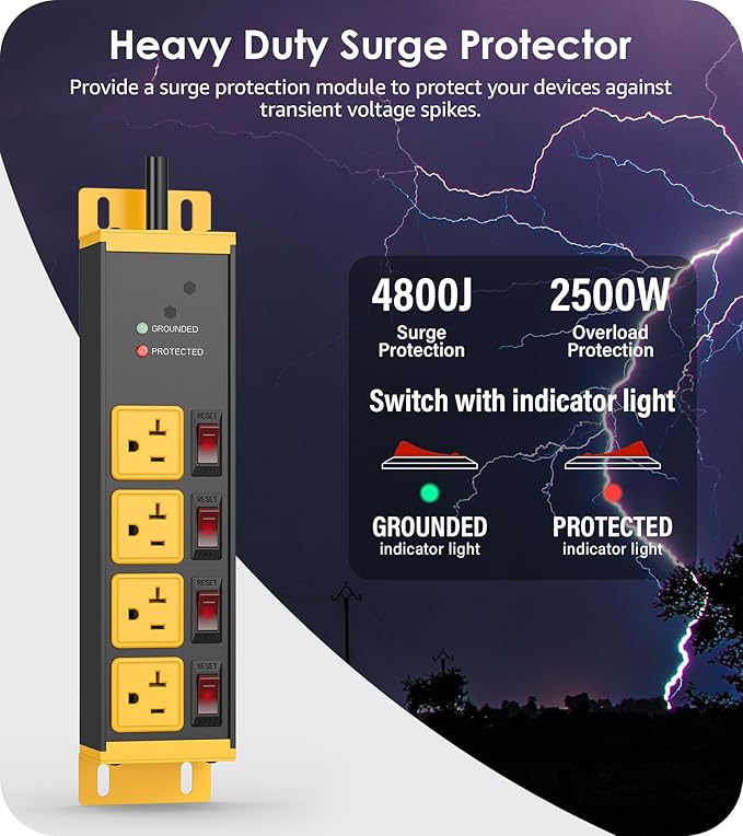 CCCEI Heavy Duty Surge Protector Power Strip 20 Amp Individual Switches. 15FT 12 Gauge Extension Cord with Multiple Outlets. Kitchen, Garage, Shop, Industrial Wall Mount Electric Extender, Yellow.
