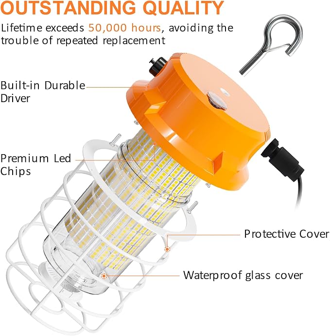 120W LED Temporary Work Light 5000K Daylight 18000 Lumens Super Bright with Fan Radiator Stainless Steel Guard Construction Lights Sturdy Hook Suitable for workshops, Construction Sites, etc.