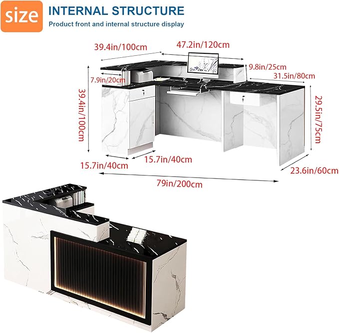 L-Shaped Reception Desk with Counter LED Light and Lockable Drawers and Storage Tall Modern Front Desk Reception Counter for Checkout Lobby Beauty Salon D Left 79inch/200cm