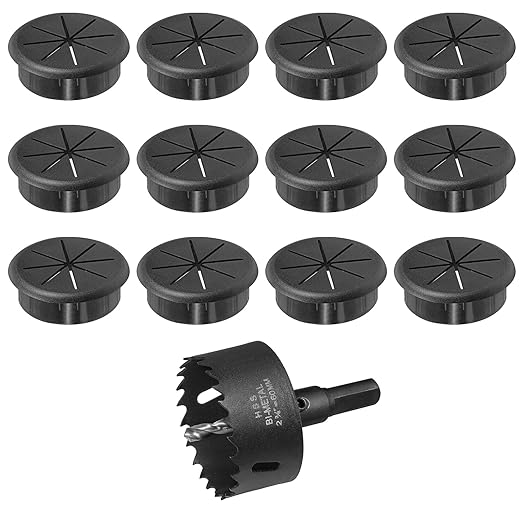 2-3/8" Black Desk Grommet, JTemgle Flexible Cable Grommet with Bi-Metal Hole Saw Rubber Cable Hole Cover Wire Organizer Caps Desktop Cord Management for Home Office TV Stands Tabletops, 13 Pieces