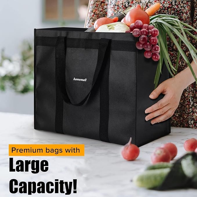 Homemell Heavy Duty Reusable Grocery Bags, Large Collapsible Tote Bag Holds 100 LBS, Extra-Strength Premium Material (Black, 4-Pack)