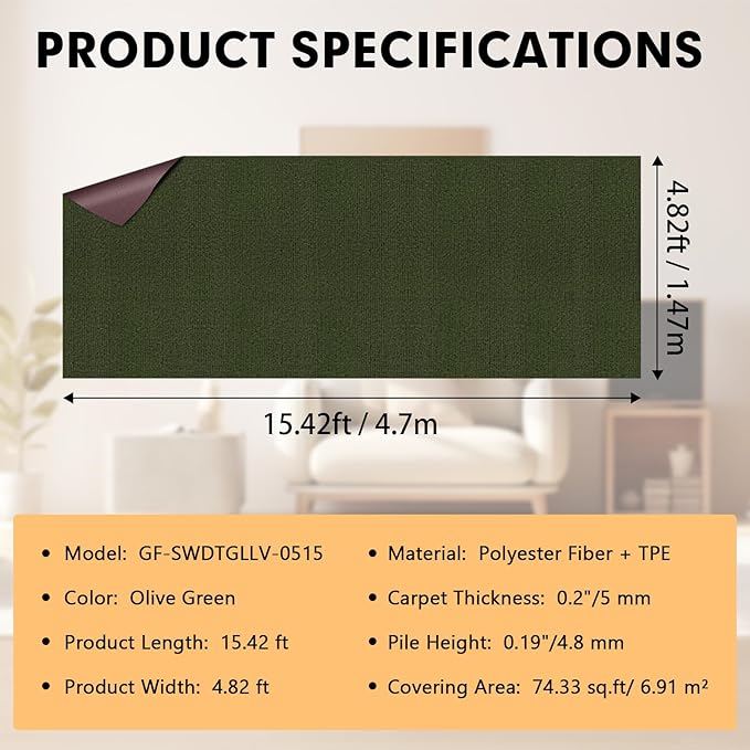 Marine Carpet,5 FT x 15 FT Olive Green Indoor Outdoor Carpet 0.2" Thick with Water-Proof TPE Backing, Non-Slide for Home, Patio, Porch, Deck