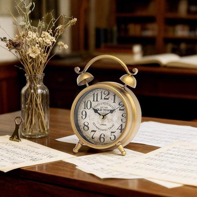Antique Gold Table Clock for Living Room Decor, Rustic Farmhouse Desk and Shelf Clock, Silent Non-Ticking Mantel Clock for Bedroom, Living Room, Kitchen, Battery Operated