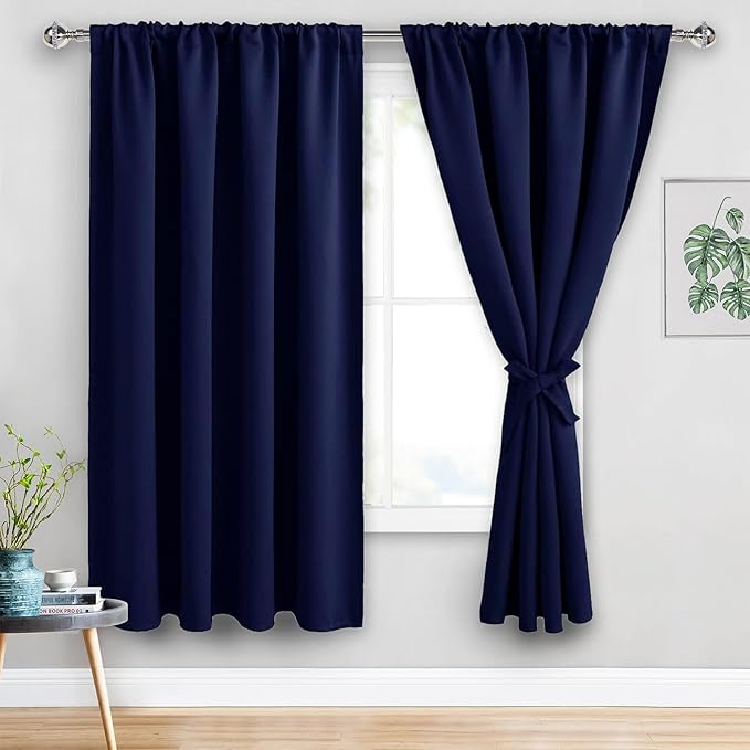 JIUZHEN Blackout Curtains for Bedroom - 70 x 63 Inch Extra Wide Privacy Assured Thermal Insulated Room Darkening Sliding Door Curtains for Living Room, Set of 2 Panels with Tiebacks, Navy Blue