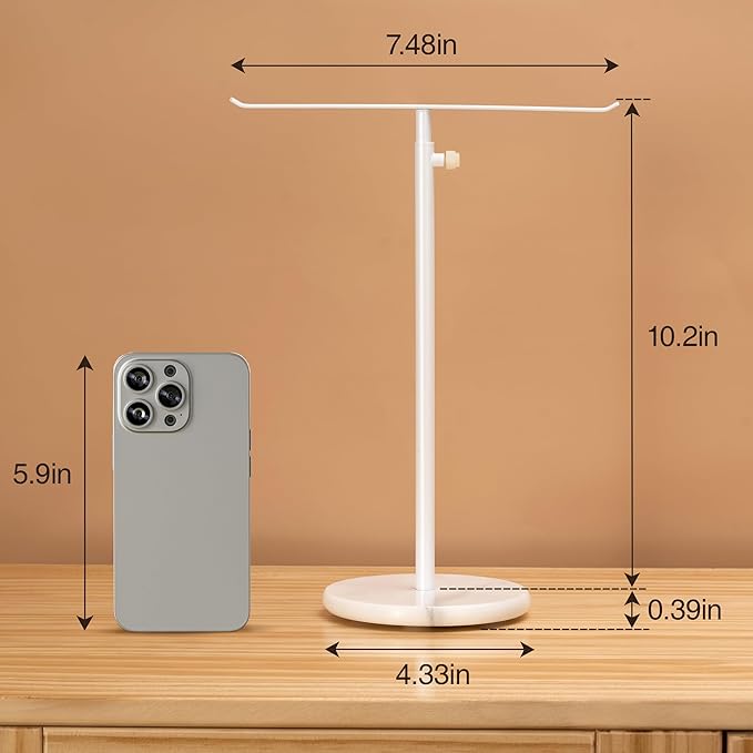 White Necklace Holder Jewelry Organizer Stand – Adjustable Height T‑Bar Jewelry Display with White Marble Base, Necklace & Bracelet Holder, Countertop Jewelry Tree