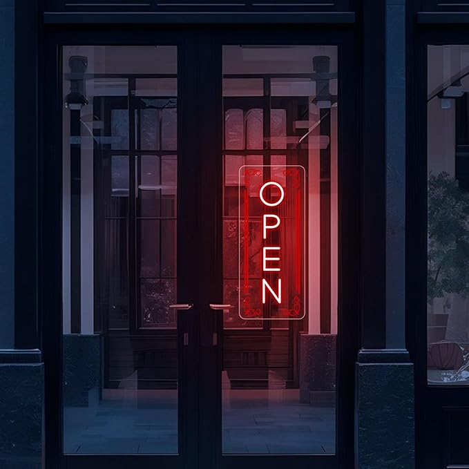 Vertical LED Open Signs for business – Super Bright - UV Printing Pattern, Remote Included - Large Size 10x24'' - Neon Open Sign for Café, Bar, Shop & Business Sign (Red)