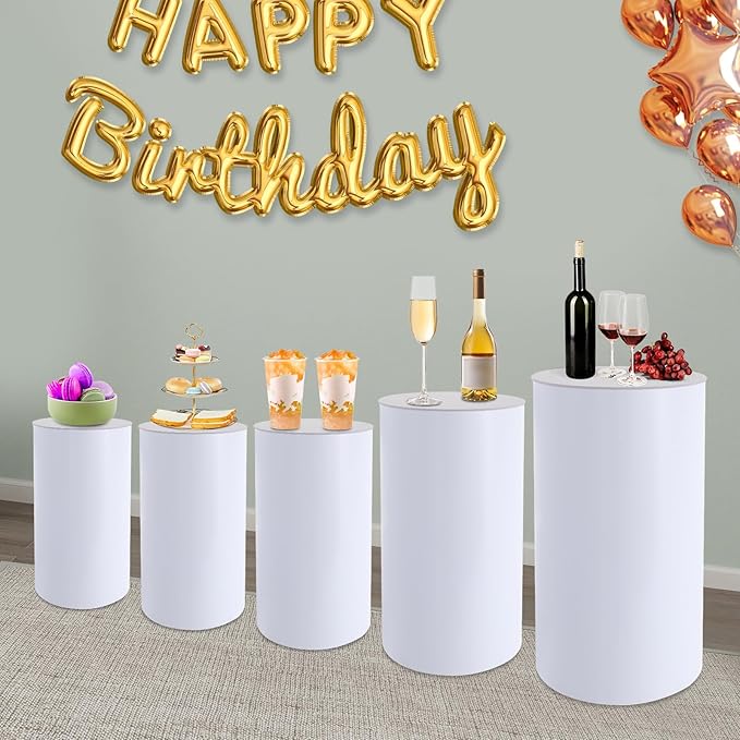 DouSeiAi 5Pcs Cylinder Pedestal Stands for Party, White Round Cylinder Display Plinth Pillars for Wedding Birthday Cake Table Decor