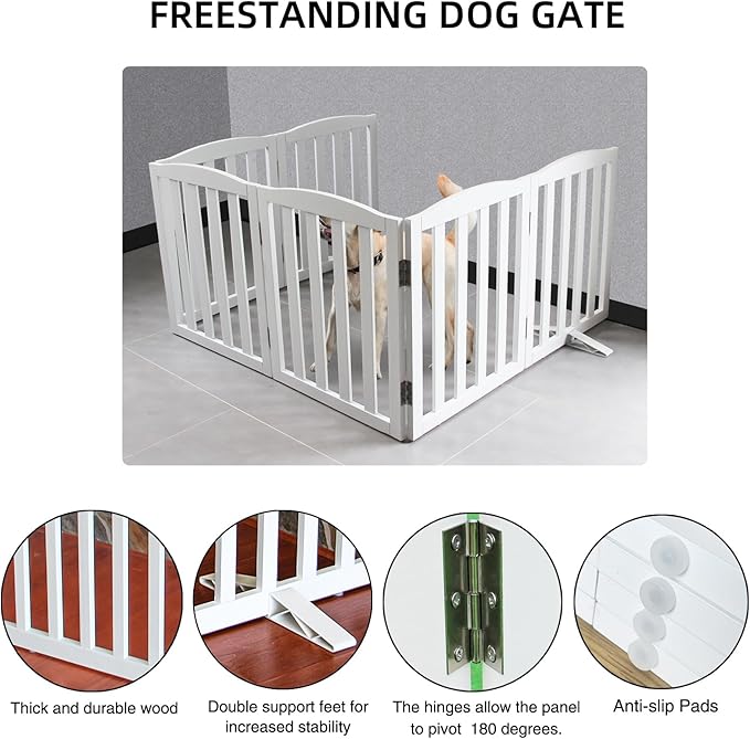 Freestanding Dog Gate Indoor,Doggie Gate Foldable Dog Gates for Doorways,Stairs or Hallways, Wooden White Pet Gate for The House, Pet Fence with Support Feet Included,24 "Height-6 Panels