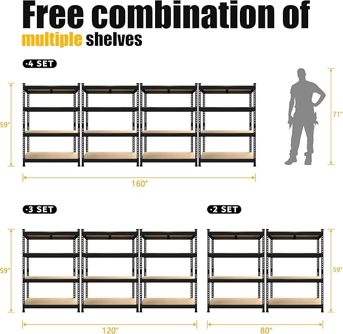 PrimeZone 40" W x 20" D x 59" H Heavy Duty Storage Shelves, 4 Tier Adjustable Garage Shelving Unit, Metal Organizer Shelf Utility Rack for Warehouse Pantry Closet Kitchen, Black, 4 Pack