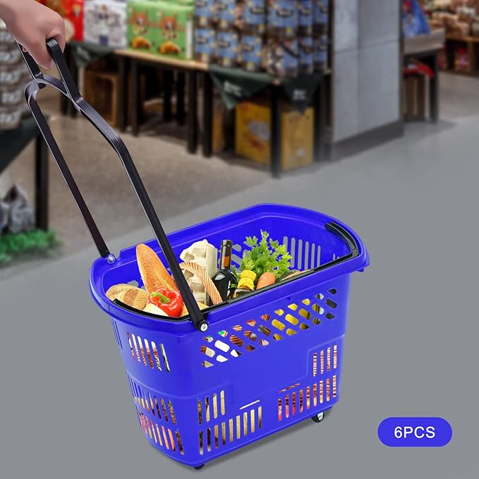 6PCS 35L Rolling Shopping Baskets with Wheels Portable Grocery Basket Set with Handles Plastic Shopping Cart for Supermarkets, Retail Stores, Bookstores (Blue)