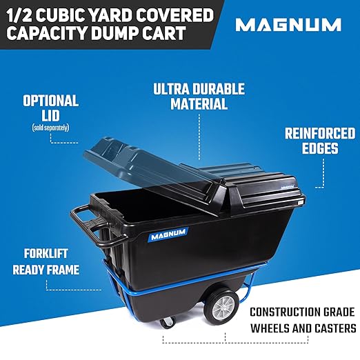 Tilt Truck, 1/2 Cu. Yd. Capacity Dump Cart with Heavy Duty 12” Wheels & 5” Casters & Forklift-able Frame for Jobsites, 850 lbs, Trash Cart with Wheels DUC12T-F-03PK (3-Pack)