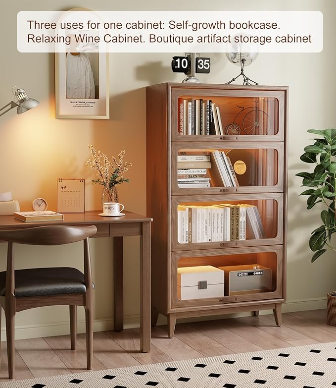 Solid Wood Bookcase 4 Tier Bookshelves with Tempered Glass Flip-Up Doors 60Hx12.5Dx32W" Brown Finish Cube Storage Organizer, Bookshelf Versatile Pantry Cabinet with Storage for Kitchen Home Office
