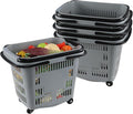 Teyyvn 4 PCS 50L Plastic Rolling Shopping Basket with Handle, Rolling Shopping Basket for Supermarkets and Retail Stores, Grey