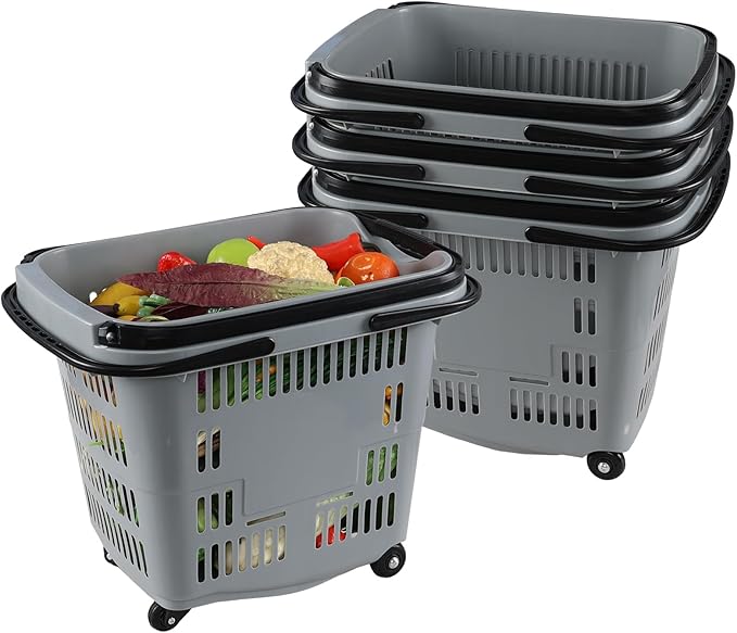 Teyyvn 4 PCS 50L Plastic Rolling Shopping Basket with Handle, Rolling Shopping Basket for Supermarkets and Retail Stores, Grey