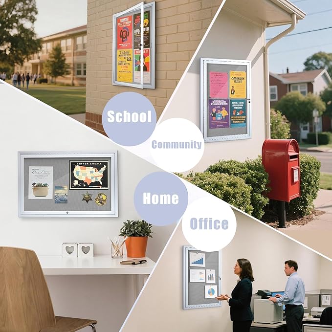 Enclosed Bulletin Board 36"x24" Outdoor Weatherproof Cork Noticeboard with Locking Door Wall-Mounted Gray Fabric Silver Aluminium Frame for Home, School, Office, Community, Hospital