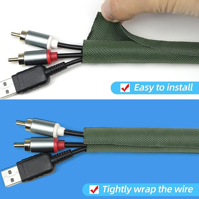 Automotive Wire Loom Tubing, Split Braided Cord Protectors from Pets No Chew, Flexible Cable Sleeve Cable Management for TV/Computer/Electric Wires (Deep Green, 1"-10ft)