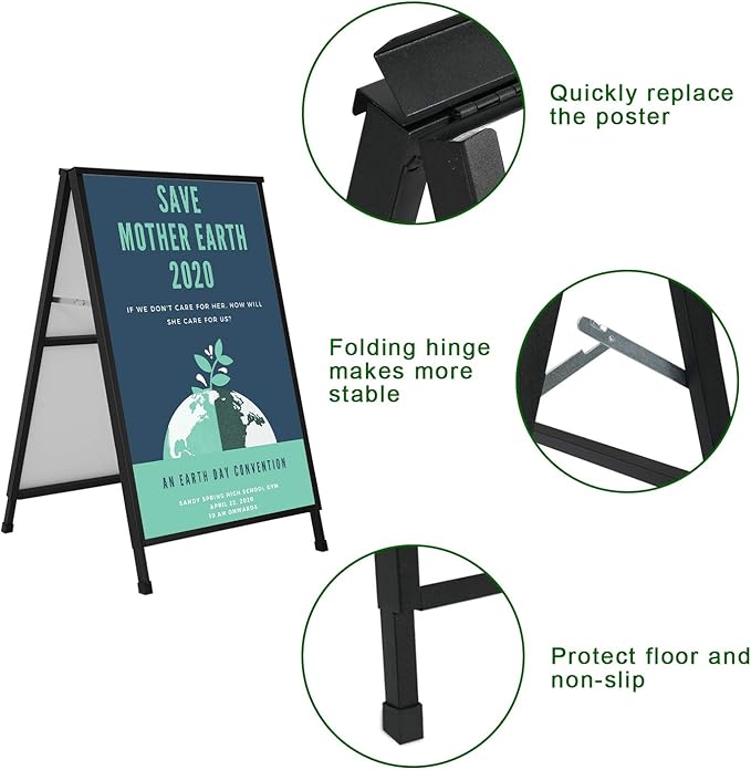 Heavy Duty A-Frame Sidewalk Sign 24 x 36 Inch, Portable Double-Sided Sandwich Board Slide-in Folding Metal Signboard with 2 Plastic Poster Boards