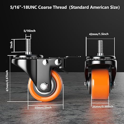 2 Inch Caster Wheels, Threaded Stem Casters Set of 4 Heavy Duty, 5/16"-18x1 (Screw Diameter 5/16", Stem Length 1"), Safety Dual Locking Industrial Castors, Wheels for Cart, Furniture