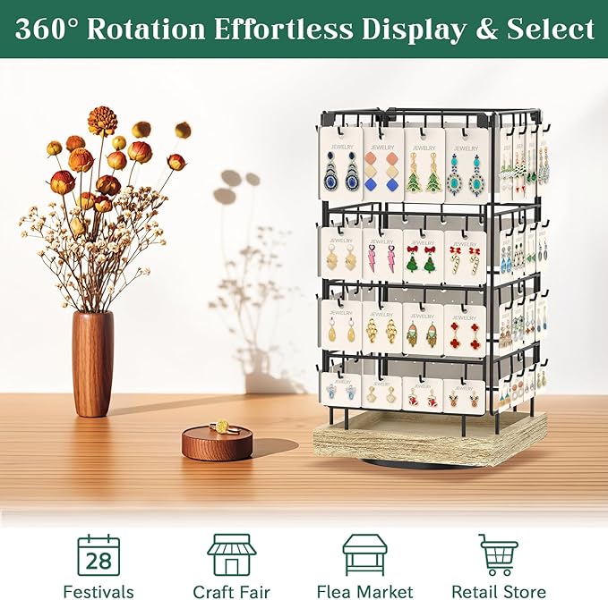 EsLuker.ly Rotating Earring Display Holder Stand for Vendors Events Selling, Large Capacity 64 Hooks Jewelry Rack with Wooden Base for Earring Card Sales, Enhances Retail Display Visibility