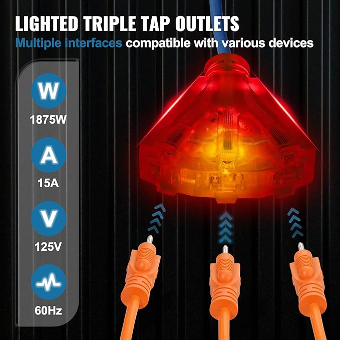 VEVOR Retractable Extension Cord Reel, 45 FT, Heavy Duty 12AWG/3C SJTOW Extension Power Cord with Lighted Triple Tap Outlet, 15A Circuit Breaker 180° Swivel Bracket for Ceiling or Wall Mount, Blue