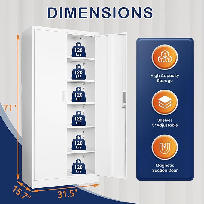 Metal Storage Cabinet, 71 Inch Tall Metal Storage Cabinet with Doors and Shelves, Pantry Cabinets for Kitchen Storage, Garage Cabinet for Living, Dining Room, Assemble Required