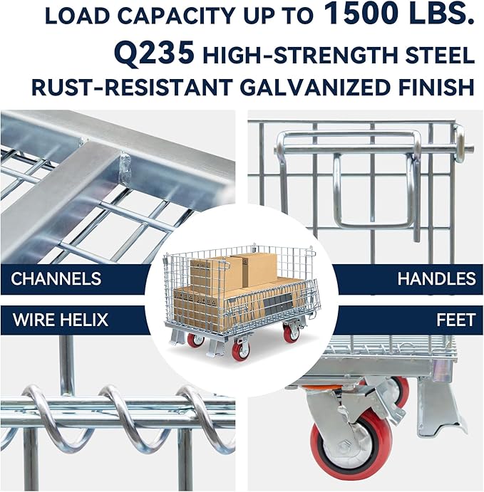 32"x20"x24" Heavy Duty Platform Truck with Cage, Foldable Flatbed Hand Truck Dolly with 4.7” Swivel Casters, 1500LBS Capacity Push Cart for Warehouse, Garage, Grocery, Laundry