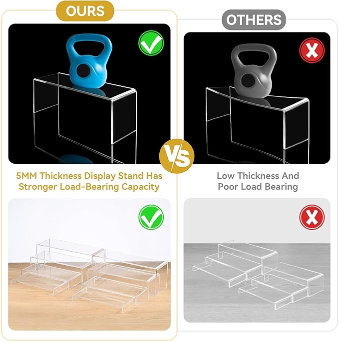8 Pcs Large Acrylic Display Risers, 2 Sets Clear Stands, 0.19" Thick Rectangular Shelf for Showcase, Dessert, Toys, Perfume