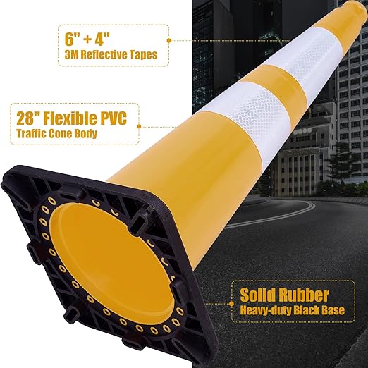 Fluorescent Orange/Green PVC Traffic Cones, Heavy Black Base Parking Lot Cone Structurally Stable Weatherproof Road Construction Safety Cones (8, Yellow, 28" Large)