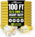 100ft Outdoor/Indoor Extension Cord 3-Outlet 12/3 Gauge Extra Heavy Duty ETL Listed, 3 Prong SJTW, Waterproof, Flexible Cold-Resistant Long Power Cord,15A 125V 1875W, Yellow by LifeSupplyUSA