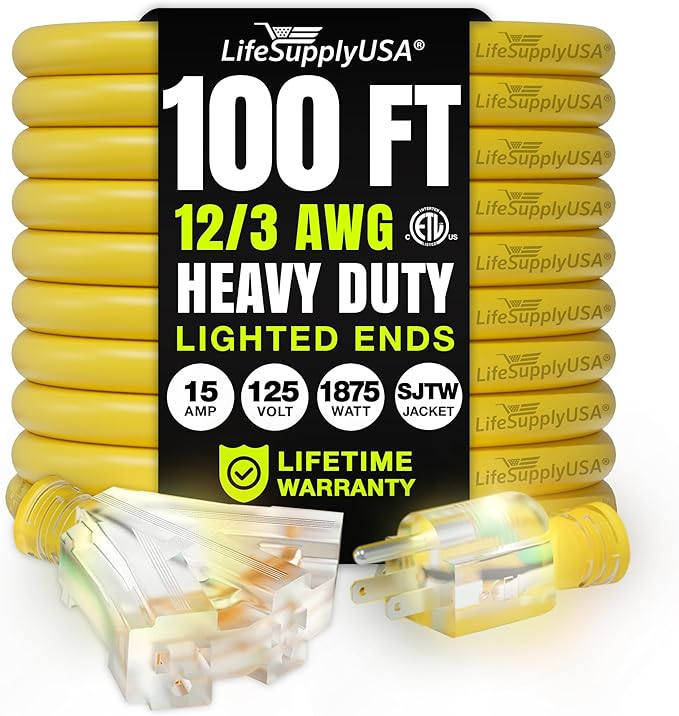 100ft Outdoor/Indoor Extension Cord 3-Outlet 12/3 Gauge Extra Heavy Duty ETL Listed, 3 Prong SJTW, Waterproof, Flexible Cold-Resistant Long Power Cord,15A 125V 1875W, Yellow by LifeSupplyUSA