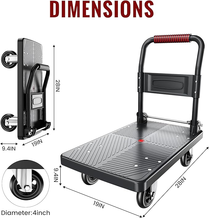 Upgraded Foldable Push Cart Dolly | 660 lbs.Capacity Moving Platform Hand Truck | Foldable for Easy Storage | 4'' PU 360 Degree Swivel Silent Wheel-Black