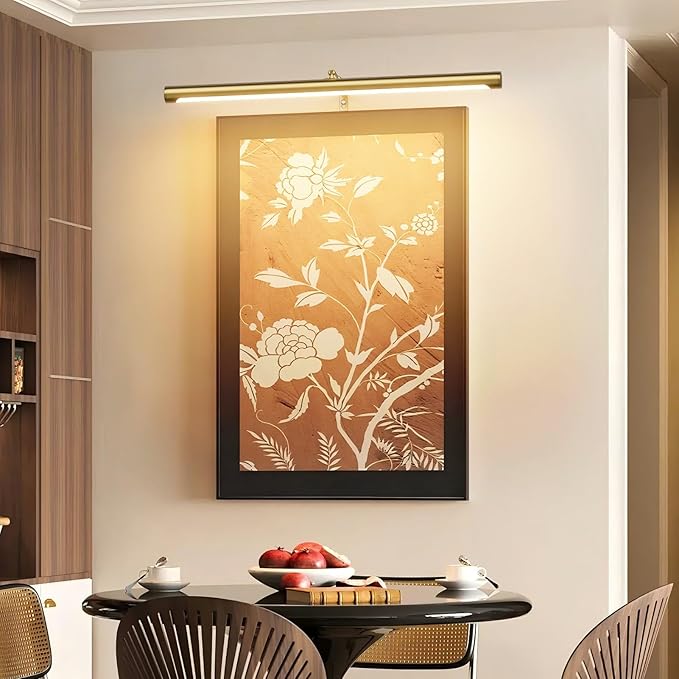 9W Picture Light Plug in, 24" Adjustable LED Art Light with Remote Control, Dimmable Wall Light for Picture Display Dartboard Art Work (Gold)