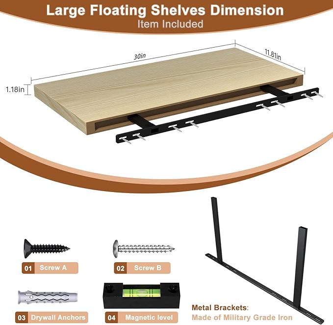 12 Inch Deep Floating Shelves for Wall 2 Pack Floating Shelfs Large Storage Space Wall Decor Display Shelf for Bathroom Living Room Bedroom Kitchen 30" W x 12" D x 1.2" H Natural Wood