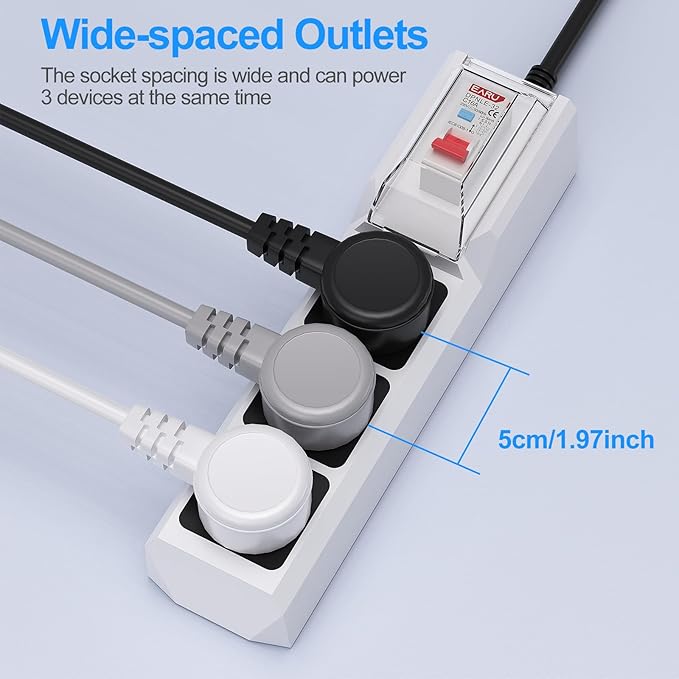 GFCI Power Strip with 10ft Heavy Duty Extension Cord, 3 Outlet (1875W/15A) with 30mA RCBO Circuit Breaker for Home, Factory Workshop, Garage, Covered Outdoor