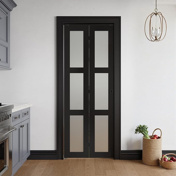 Bifold Doors for 32" x 80" Opening, 3-lite Tempered Frosted Glass Closet Folding Doors with Hardware kit Included, Easy Assembly, Black