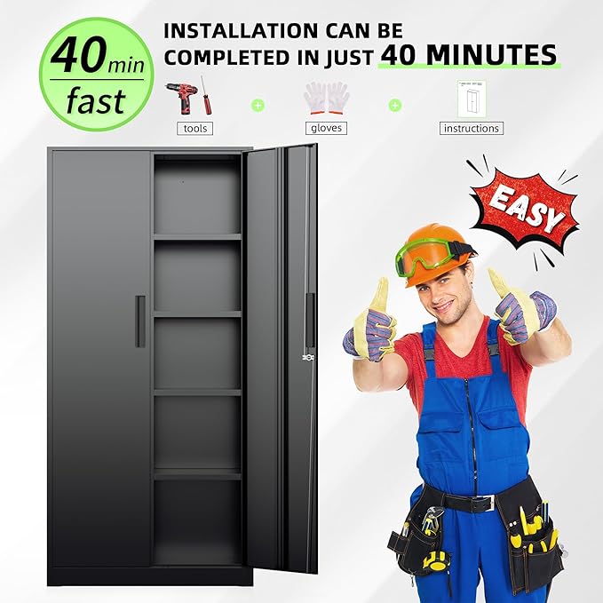 INTEGREAT Metal Storage Cabinet, 71" Black Office Metal Cabinet with Locking Doors and Adjustable Shelves, Steel Locking Cabinets for Office, Home, Garage, Gym, School