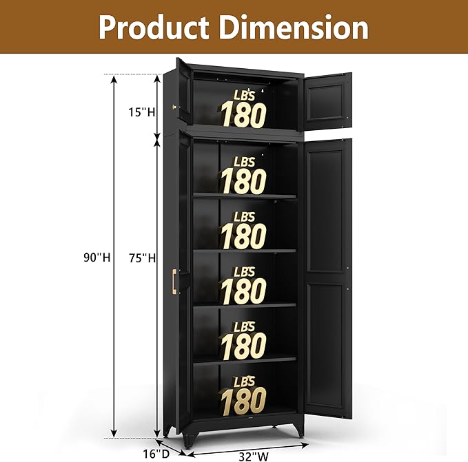 Kitchen Pantry Cabinet, Metal Food Pantry cabinets with Doors and Shelves, 90" Tall Storage Cabinet for Dining, Living Room, Black, 16" D x 32" W x 90" H, Assembly Required