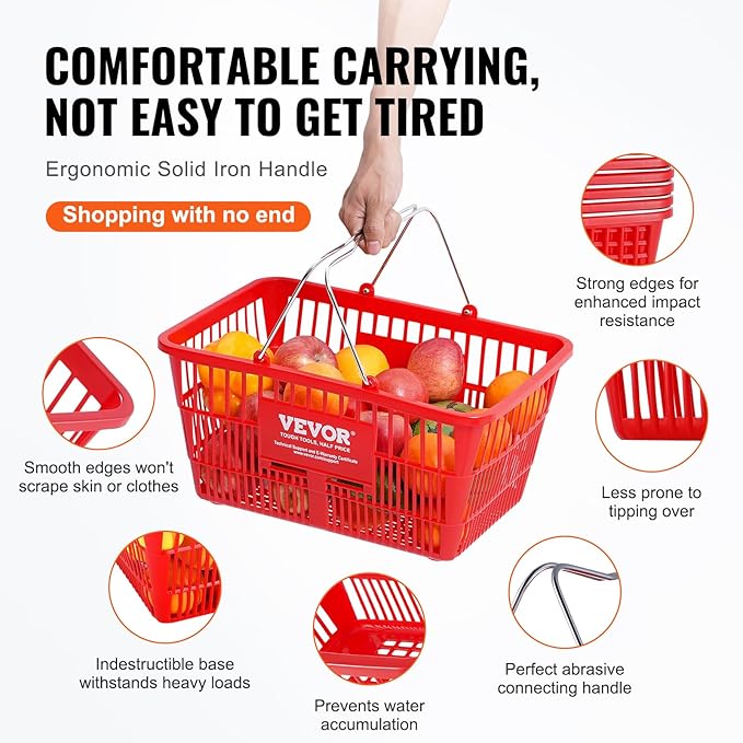 VEVOR Shopping Basket Set, 12 x 21L Durable Plastic Grocery Basket with Metal Handle and Stand, 16.73 x 12.01 x 8.58 inch Portable Shop Basket for Retail Store Supermarket Grocery Shopping, Red