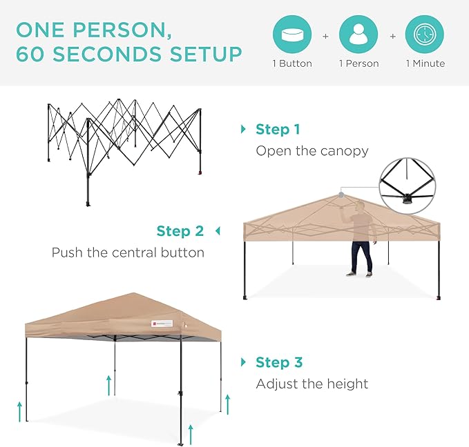 Best Choice Products 10x10ft 1-Person Setup Pop Up Canopy Tent Instant Portable Shelter w/ 1-Button Push, Case, 4 Weight Bags - Tan