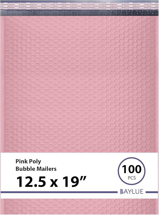 Light Pink 12.5x19.5 Inch Large Poly Bubble Mailers #6 | Padded Envelopes with Self Seal | Air Lined Cushioned Bubble Mailer | Usable Size 12.5x15 | 100 Pack Bulk | Lightweight shipping Bags