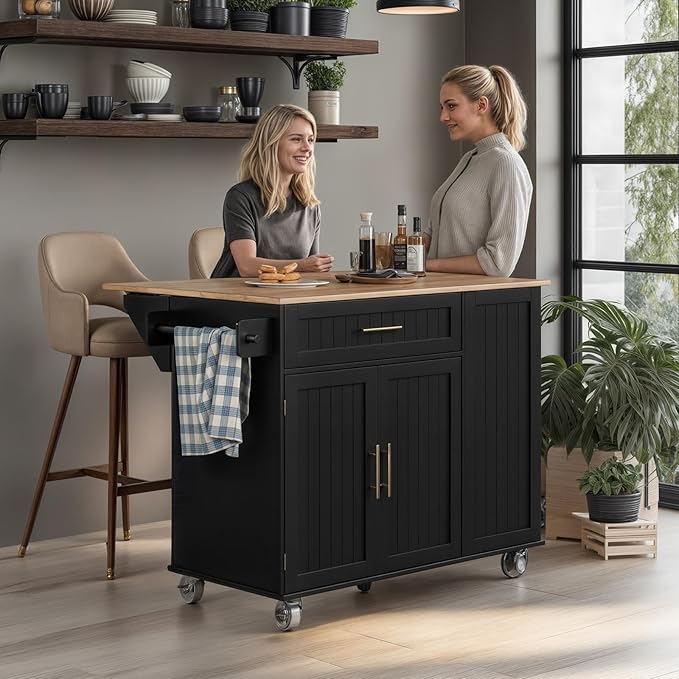 43.3" Rolling Kitchen Island Cart with Drop Leaf & Storage - Mobile Kitchen Organizer with Wheels, Rubberwood Top, Trash Bin Cabinet & Towel Rack, Farmhouse Style for Small Spaces Black