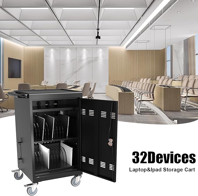 Laptop and Tablet Charging Cart, 32 Unit Device Mobile Charging Station for Chromebook, Tablet, Laptop, with Charging Port Screen Size Up to 16.3", Suitable for Office, Classroom, etc (Black)
