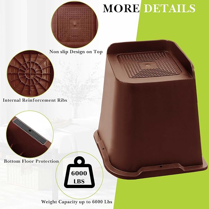 Bed Risers 1 inch, 2 inch, 3 inch, 4 inch, 6 inch, 8 inch Heavy Duty, Oversized Furniture Riser for Couch Sofa Table Chair Leg Frame Dorm, Support up to 6000 Lbs (Chocolat Brown 8 Pack, 5 inch)