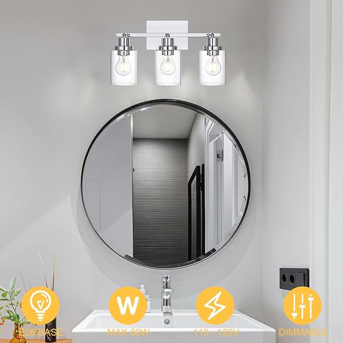3-Light Track Lighting Kit Ceiling Kitchen Track Lighting Fixtures Chrome Bathroom Vanity Wall Lights with Clear Glass Multi-Directional Rotating Tracking Light Heads Spotlight for Accent Shop